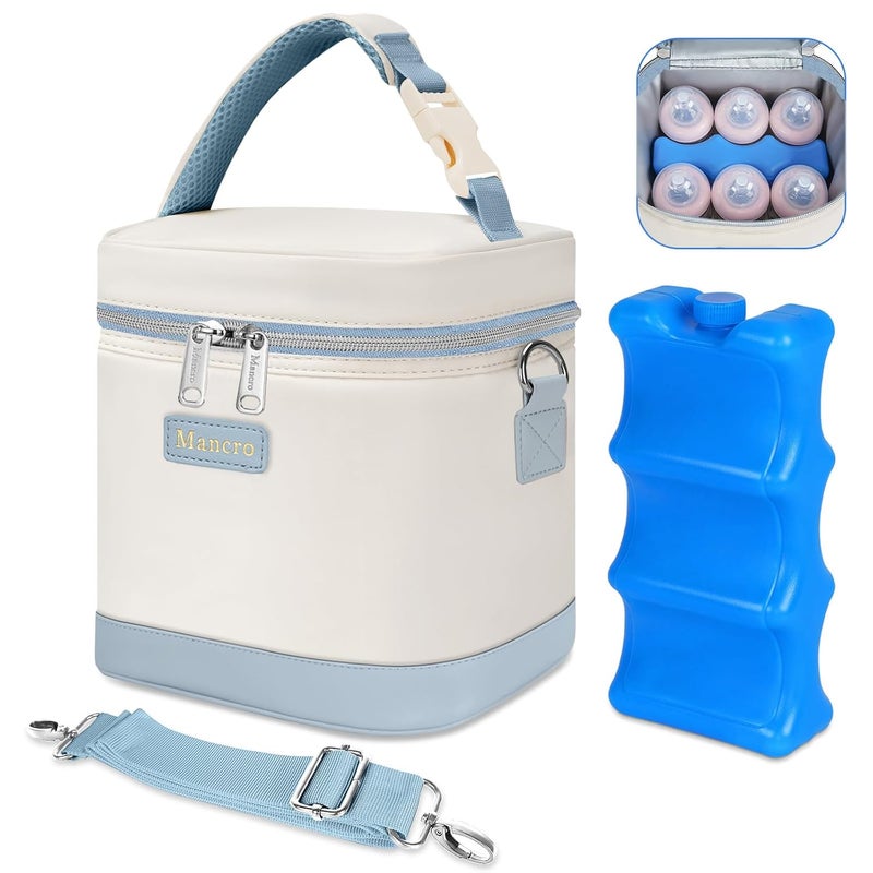 Mancro Baby Bottle Cooler Bag for Breast Milk, Includes Ice Pack, Fits 6 x 9oz Bottles, Insulated Daycare Bag for Nursing Moms, Leakproof Breastmilk Tote,Blue & Beige - Image 1